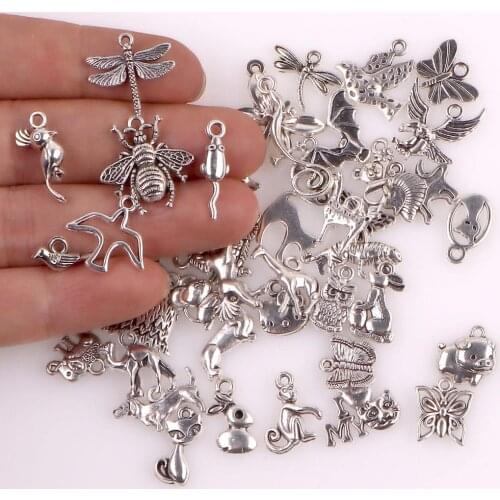 40Pcs/Lot Mix Animal Dragonfly Butterfly Charms Metal Bird Cat Pendant Earrings Bracelet Jewelry Making
