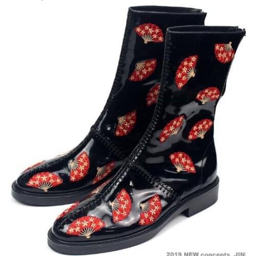 New winter pointed toe men mid-calf boots men shoes zipper fashion fan Chinese style embroidery mens boots