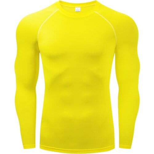 New Men Long Sleeve Casual Skinny T-Shirts Summer Running Sweatshirt Gym Tops Breathable Quick Dry Fitness Pure yellow Tees