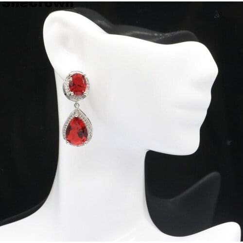 34x14mm Romantic Drop Shape Red Blood Ruby CZ Valentines Day Gift For Girls Silver Earrings