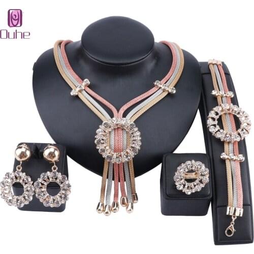 Bridal Gift Nigerian Wedding African Beads Jewelry Set Dubai Crystal Costume Design 3 Colors Necklace Bracelet Ring Jewelry Set