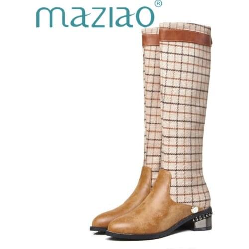 Checkered Patchwork Pointed Toe Women Knee High Boots Buckle Zip Retro Womens Riding, Equestrian Boots Large Size32-46 MAZIAO