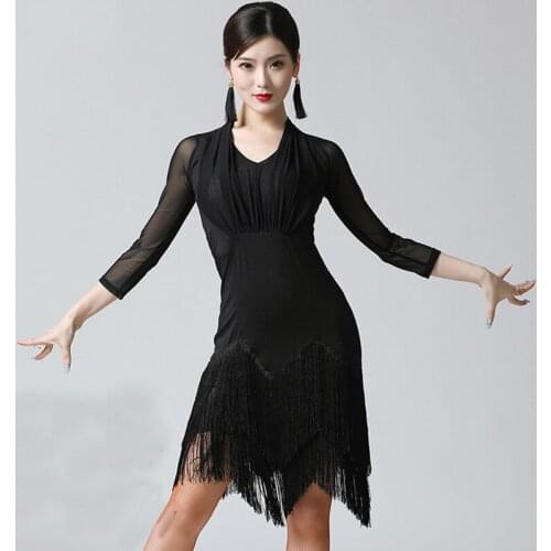 Women Sexy Mid Long Sleeve Printing Latin Dance Training Tassel Clothing Ballroom Dress Tango Modern Rumba Performance Dancewear