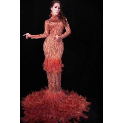 TOP QUALITY Ladies Long Sleeve Ruffles Floor-Length Dress Brilliant Elegant Evening Party Dress Red Carpet Dress