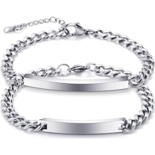 Modyle Engraving Name Top Quality Silver Color 316L Stainless Steel Couple Link Chain Wedding Bracelets for Man Woman Never Fade