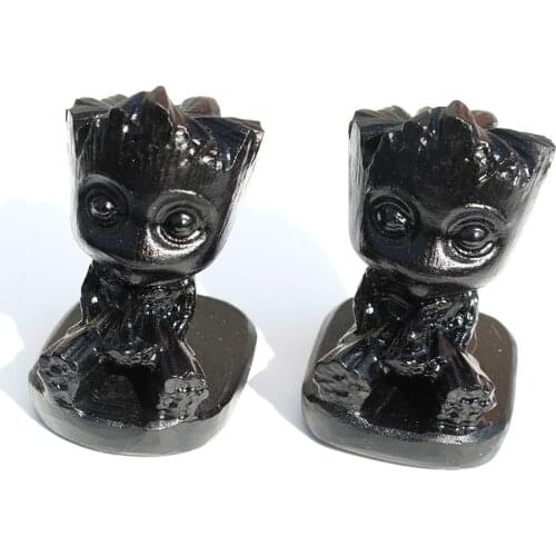 1 Pcs Natural Black Obsidian Crystal Carvings Trees Man For Home Ornament