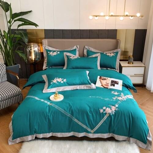 2020 Blue flowers bedding set King Queen Size embroidery Bed Linen 1000TC Cotton Duvet Cover Bed Sheet Set Pillowcases