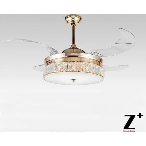 American modern Style Led lights 4 Collapsible fan Crystal Chandelier Remote Control Polished Gold 42" light color adjustable