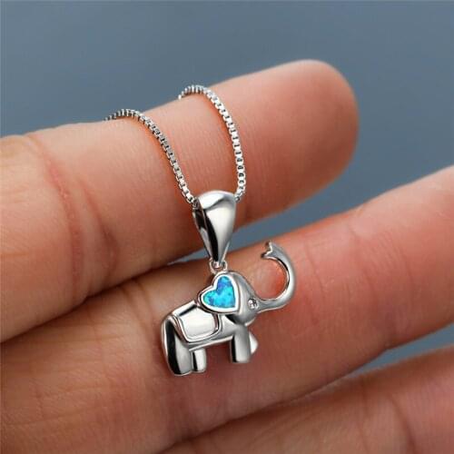 White Blue Opal Elephant Pendant Female Cute Heart Necklace Charm Silver Color Chain Necklaces For Women Bridal Wedding Necklace