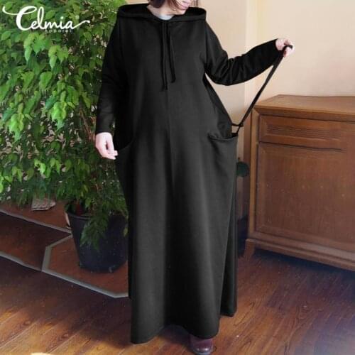 Women Winter Hooded Dress 2021 Celmia Vintage Long Sleeve Fleece Warm Long Maxi Dresses Kaftan Loose Casual Solid Hoody Vestidos
