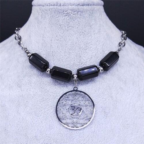 Flower of Life Stainless Steel Obsidian Charm Necklaces Silver Color Necklaces for Women Jewelry acero inoxidable joyeria N622S0