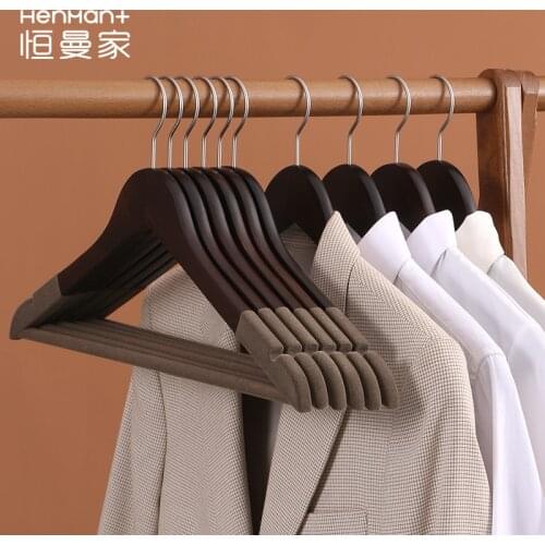 Flocking Solid Wood Hanger Anti-Slip Traceless Household Clothes Hanger Cloth Rack Retro Wood Wood Wardrobe Clothing Store