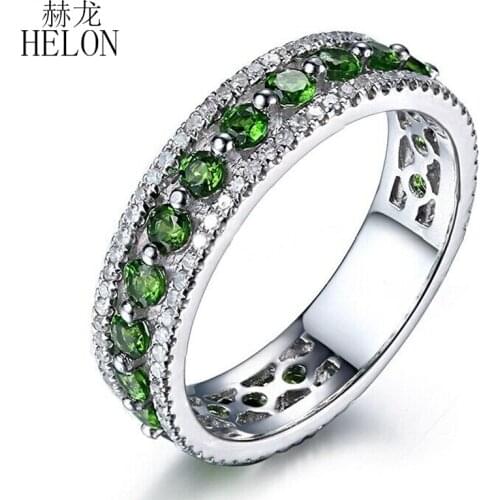 HELON Solid 10k White Gold 1.7ct Round Genuine Diamonds & Chrome Diopside Engagement Ring Women Unique Classic Fine Jewelry