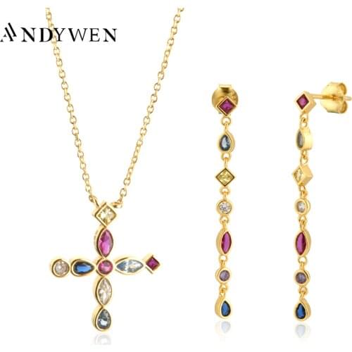 ANDYWEN 925 Sterling Silver Gold Rainbow Cross Zircon Necklace Long Chain Drop Earring 2020 Rock Punk Fashion Fine Jewelry Set