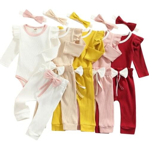 Infant Baby Girl’s Tops and Trousers Suit Fresh Solid Color Long Sleeve Romper and Long Pants with Headband