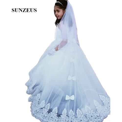 Illusion O-Neck White Wedding Party Dress for Children Lace Appliques Flower Girls Dress Back Bow SF29