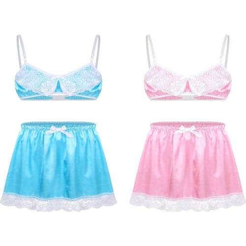 Gay Mens Lace Costumes Sissy Lingerie Set Babydoll Feminine Bra Top with Mini Skirt Cross Dresser for Gay Male Sexy Underwear