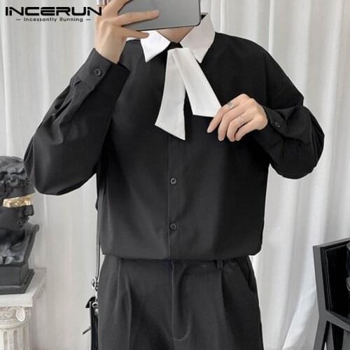 2021 Fashion Men Casual Shirt Patchwork Lapel Long Sleeve Button Streetwear Shirts With Tie Personality Camisas INCERUN S-5XL