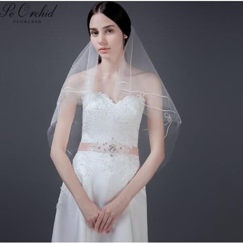 PEORCHID Cheap Wedding Veil Short Bridal Hair Accessories Simple Two Layers Tulle Ribbon Bridal Veil Velos De Novia 2019
