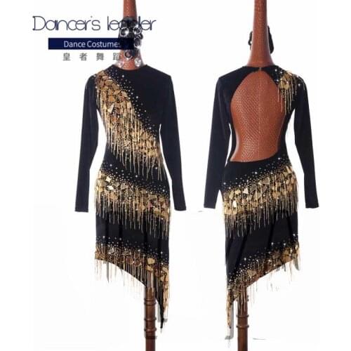 New Latin Dance Dress Skirtes Competition Dresses Decoration Latin Dance Costumes Skirt Black Velvet Elastic Fabric Bead Fringe