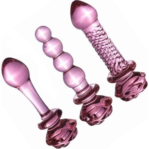 Pink rose flower crystal glass anal butt plug thread beads fake penis g spot prostate massager sex toys for men women