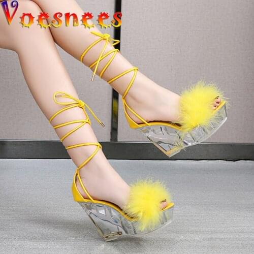 Voesnees Wedges women Shoes 2021 New Summer Sexy Ankle Strap Fur Sandals Crystal Platform High Heels 10cm Women Wedding Shoes