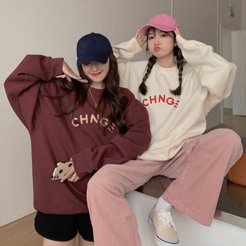 Women No Hat Hoodies Loose O-Neck Harajuku Thicker Korean Style Letter Ladies Sweatshirts Daily Leisure Fashion All-match