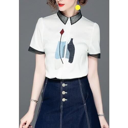 Womens Tops And Blouse Summer New Short sleeve Patchwork Single Breasted Fashion Puff Sleeve Shirt White S-XXL