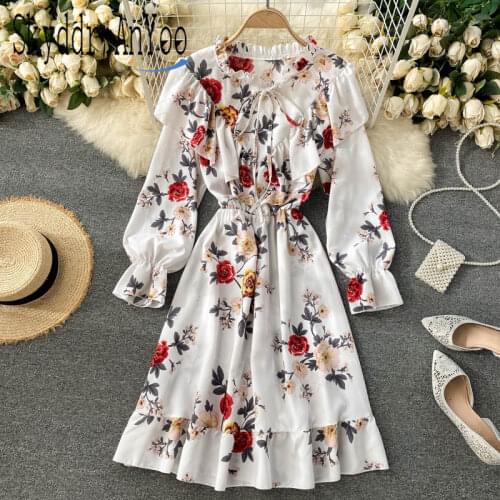 Vintage Printed Floral Casual Dresses For Women 2021 Long Sleeve A-Line Midi Autumn Winter Elegant Harajuku Girls Dress Vestidos