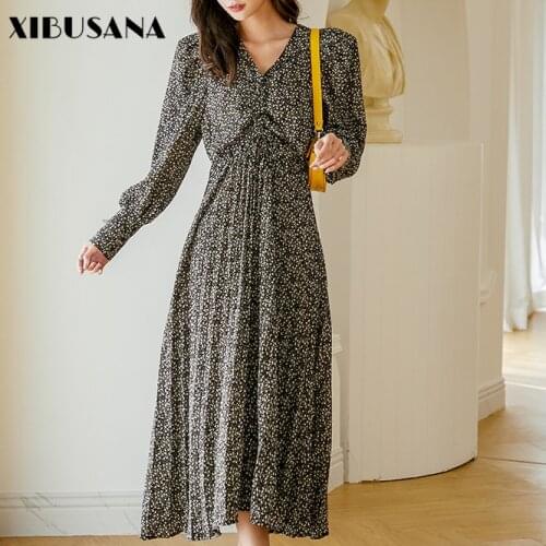 XIBUSANA V-neck Drawstring Pleated Chiffon Dress Women 2021 New Spring Autumn Fashion Female Long Sleeve Printed Floral Dresses