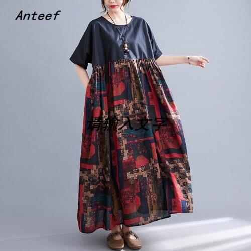 Short sleeve cotton vintage floral dresses for women casual loose long woman summer dress elegant clothes 2021