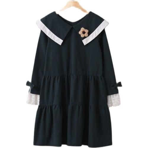 Sailor Collar Lace Ruffle Bow Suede Cotton Dames Jurken Bohemian Vintage Tunique Cute Mori Girl Hippie Boho Autumn Winter Dress