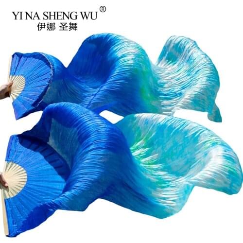 100% Silk 1 Pair Dance Fans Stage Performance Props Tie Dyed Silk Fans 180x90cm Women Belly Dance Fans Royal blue+Mixed colors