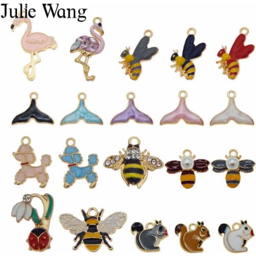 Julie Wang 10PCS Randomly Send Enamel Mermaid Tail Flamingo Bee Animal Charms Bracelet Necklace Alloy Jewelry Making Accessory