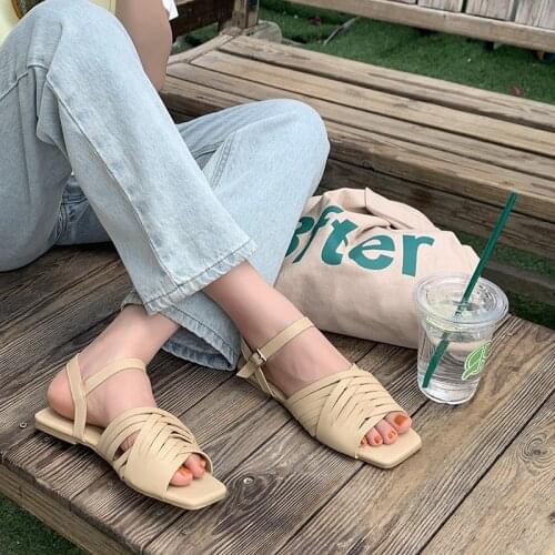 2021 Sandals Woman Shoes Braided Rope Retro Roman Style Square Toe Open Toe Simple Creativity Word Buckle Casual Flats Female