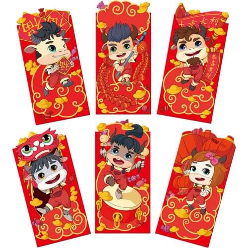 6Pcs 2021 Ox Year Red Envelope Cartoon 3-D Special-Shaped Thickened Money Bag New Year Money Pouches Party Gift Box