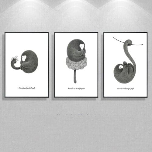 No frame 3pcs modern black and white animal monkey canvas printings oil painting printed on canvas kid room decoration picture