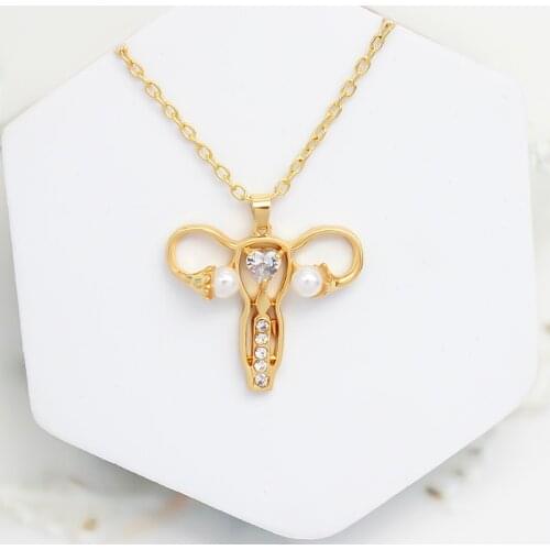 Fashion Uterus Womb Chain Pearl Necklace For Women Crystal Pearl Metal Charm Pendants Necklaces Choker Gold Color Jewelry Gift