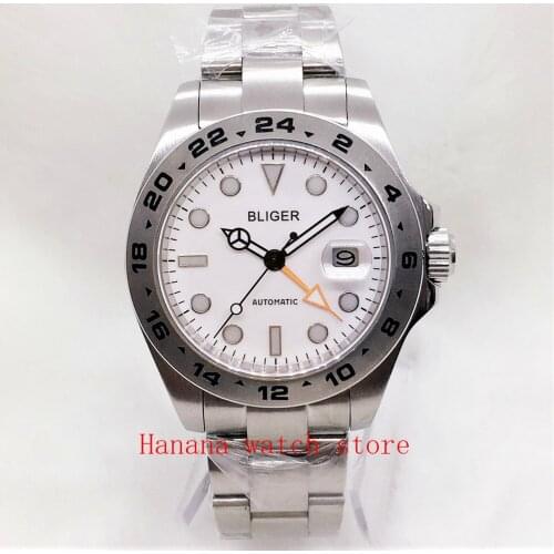 BLIGER New Steel Case Men Watch GMT Automatic Mingzhu3804 Oyster Bracelet Sapphire Crystal Folding Clasp