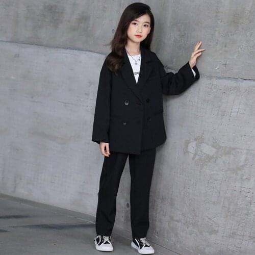 Kids Girls Boys Suits Korea Streetwear Fashion Casual Loose Double Breasted Suit Blazers Jacket Pant Children Teenager Clothing