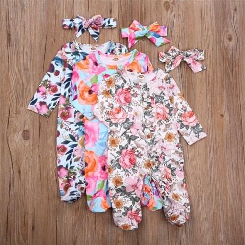 Newborn Baby Girl Footed Floral Print One Piece Sleeper with Headband Romper