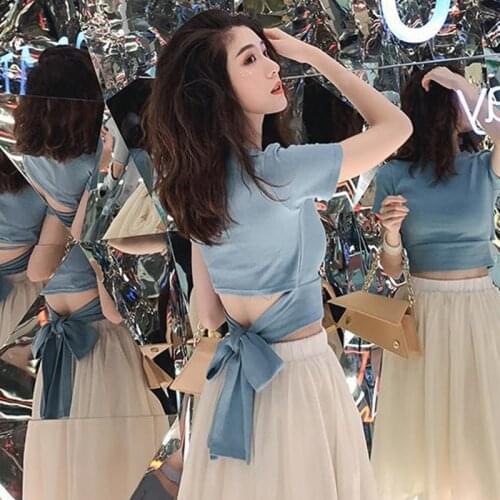 Summer Bow O-neck T-Shirt Women T-shirt Top Shirt Casual Short Sleeve Cotton T-shirts