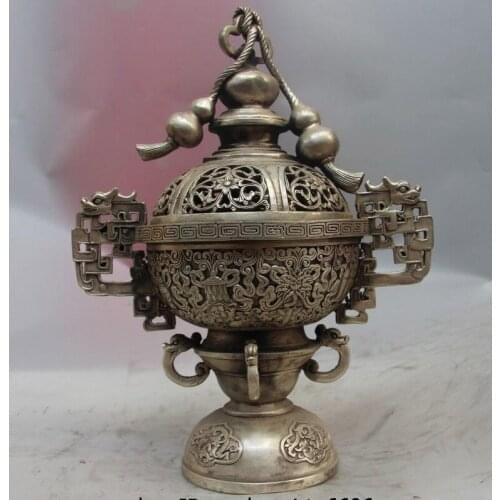 Chinese White Copper Silver Bottle Gourd Eight treasures Incense Burner Censer