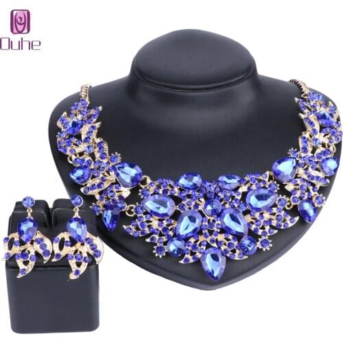 Charm Wedding Jewelry Crystal Rhinestones Flower Necklace Earrings Set for Women Fashion Bridal Jewelry Sets 6 Colors