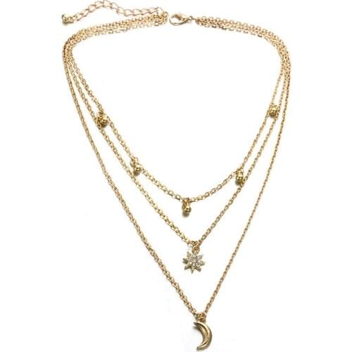Fashionable Fresh Alloy Metal Multi-Angle Star Moon 3 Layer Necklace Pendant
