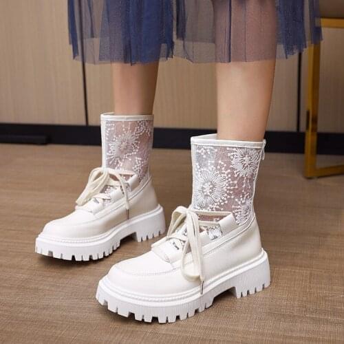 Newest Lace Mesh Martin Boots Summer Wear with Skirts Summer Thin Section Breathable Hollow Thick Bottom All-match British Style