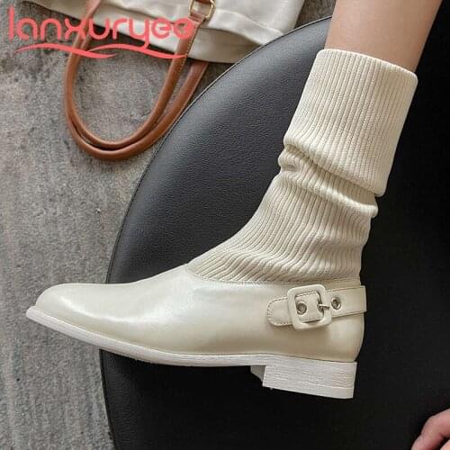 Lanxuryee 2020 new genuine leather round toe low heel knitting boots Korean street elegant lady daily wear mid-calf boots L88