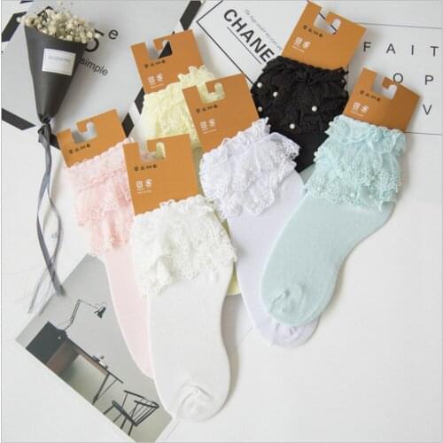 New Autumn Beaded Lace Princess Socks Cute Lolita Socks Solid Color Thin Cotton Socks for Ladies