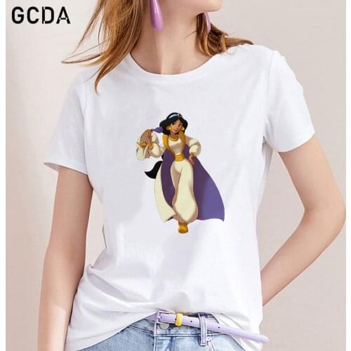 New Women White Tshirts Lady Tees Short Sleeve Jasmine Princess Cosplay Aladdin T shirts Female Summer Harajuku Girls Tops