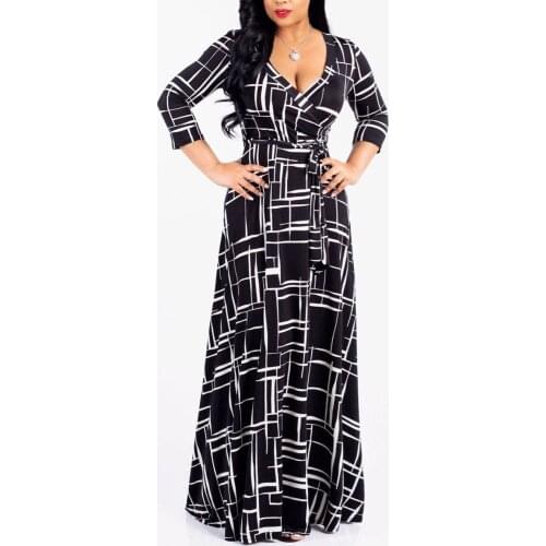 Fall Maxi Dresses Women Geometric Print V-neck Party Dresses Lacing Swing Dress Slim Body Wrap Hips Autumn Long Dress Vestido
